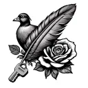 a duck or phesant feather, a map of the CA/NV sierras, gm truck and jeep keys, a compass and a rose tattoo design idea