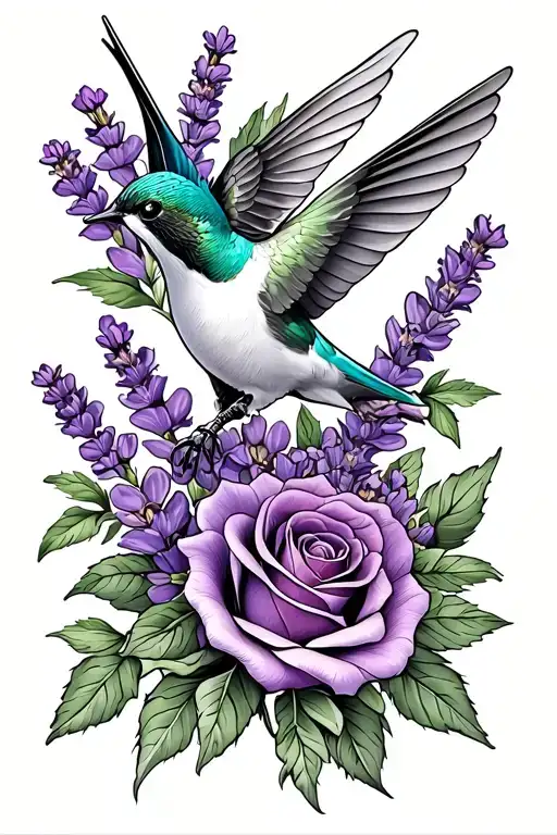 hummingbird, roses and lavender flowers outlining tattoo design idea