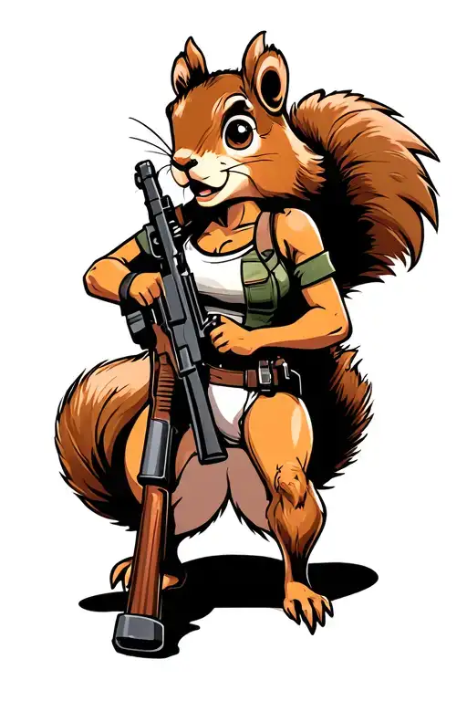 squirrel, cartoon, female, girly but sexy, fit and strong, holding rifle tattoo design idea