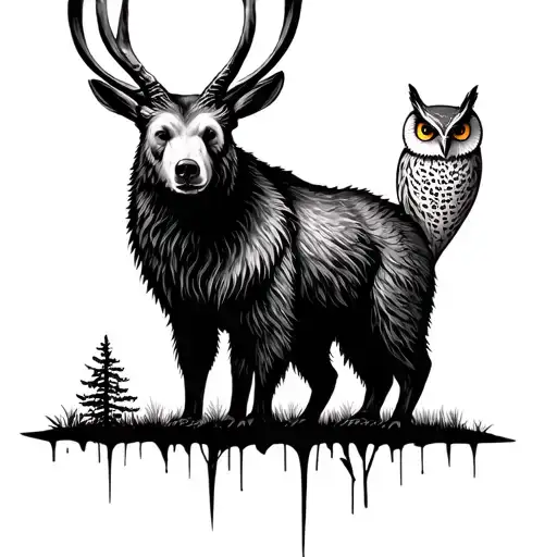 forest, bear and owl and ibex. tattoo design idea