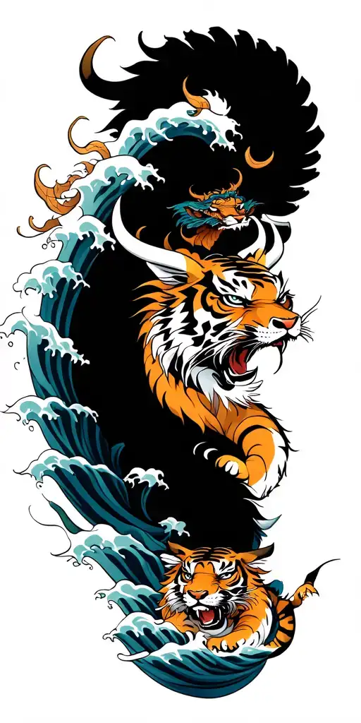an ox, a tiger and a dragon surrounded by waves tattoo design idea