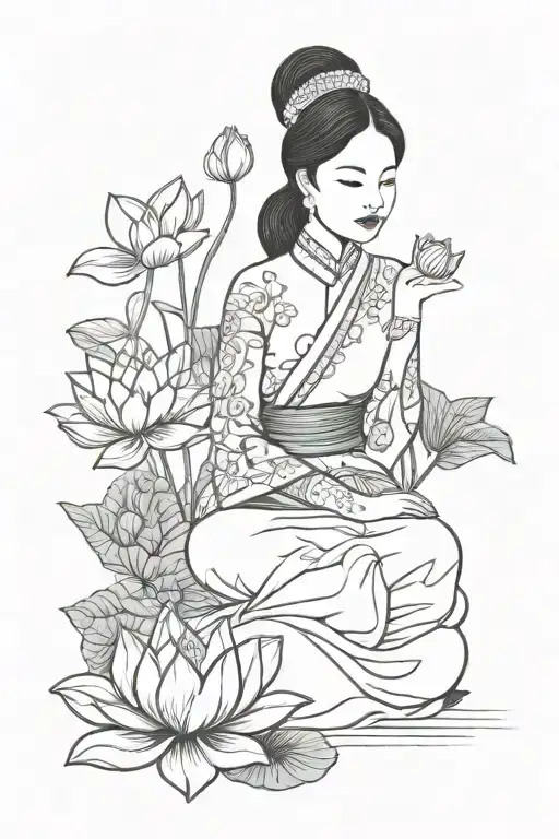 A Vietnamese girl wearing ao dai - vietnamese traditional dress, sitting and holding lotus flowers in her hand. tattoo design idea
