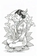 A Vietnamese girl wearing ao dai - vietnamese traditional dress, sitting and holding lotus flowers in her hand. tattoo design idea
