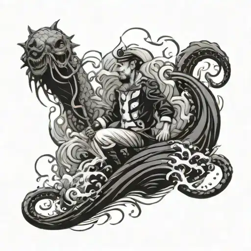 A sailor riding a kraken like a ship through turbulent waters tattoo design idea