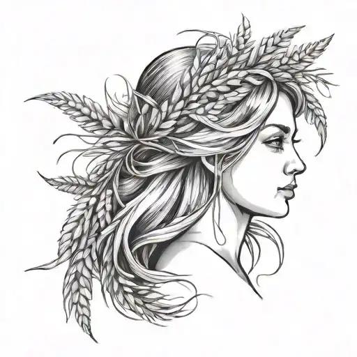 a girl with a wheat wreath crown tattoo design idea