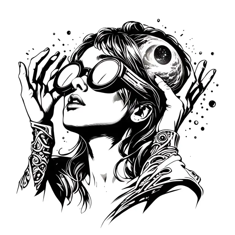 Girl in profile with rave glases her hands on the glases looking up with a universe pouring out of the glases tattoo design idea