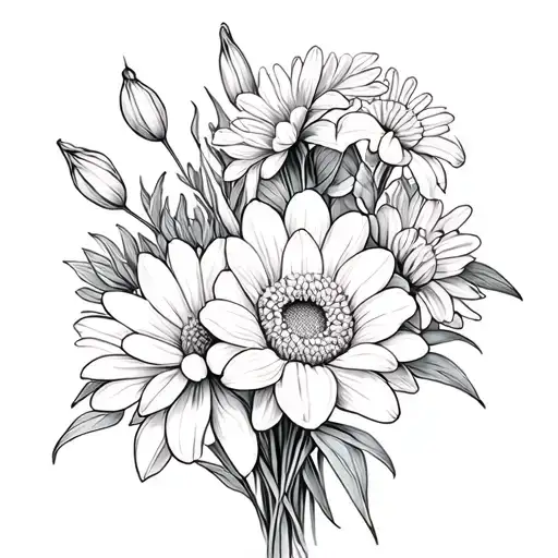 chrysanthemum, gladiolus and daffodil bouquet thin and elegant, fine line, one of each flower some pretty greenery  tattoo design idea