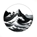 Minimal linear tattoo: a single continuous line that first forms a wave, which breaks on a mountain and then PR tattoo design idea