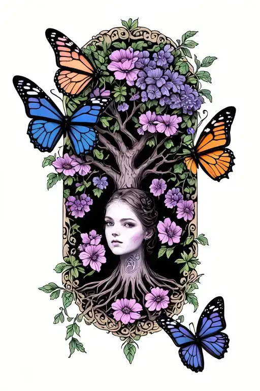 poison tree with butterflies surrounding it girly only using colors gray, black, lilac, slate blue, dusty rose  tattoo design idea