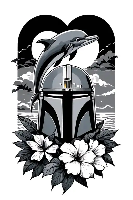 Grogu from Mandalorian, Hawaiian Flower, Lighthouse, and Dolphin tattoo design idea