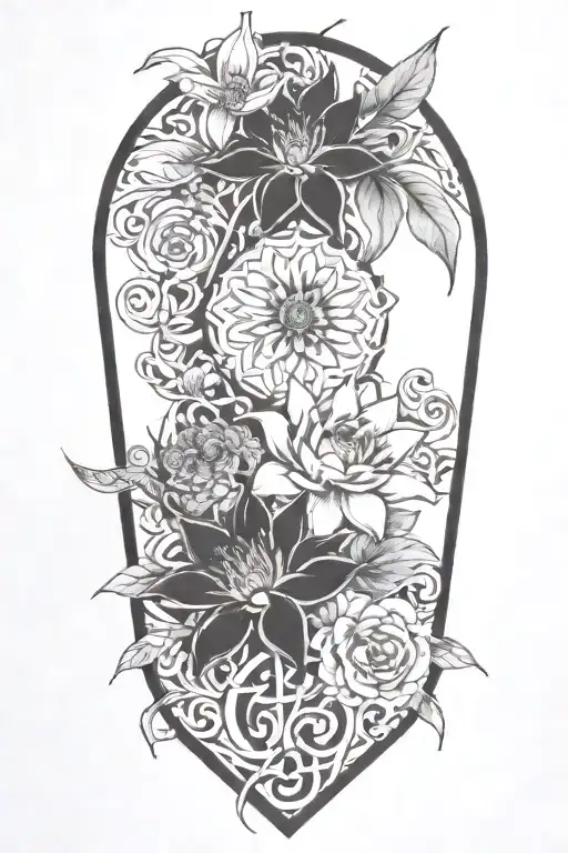 Continuous vine, wrapping, roses, daisies, lotuses, passing of time, flashes of red and green tattoo design idea