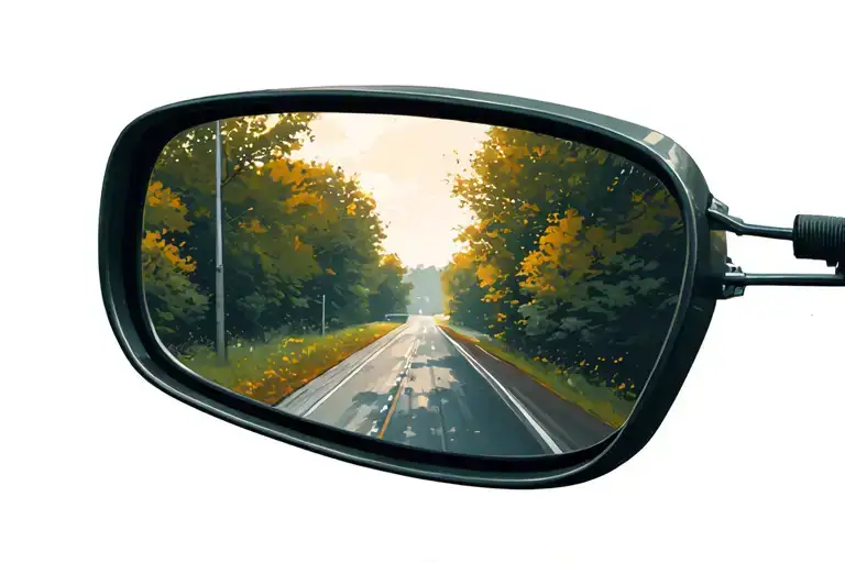 rear view mirror with road fading away tattoo design idea