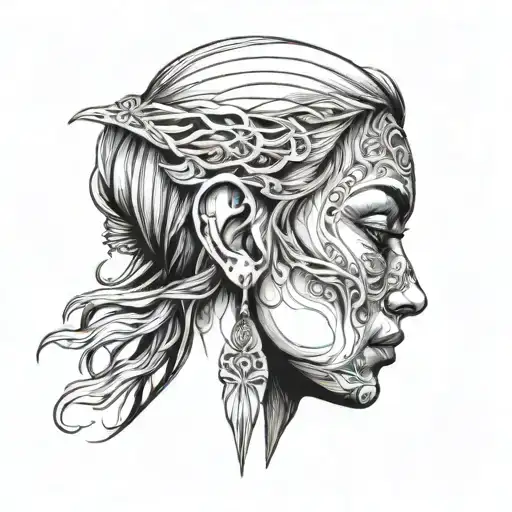 elfe woman face on profile tattoo design idea
