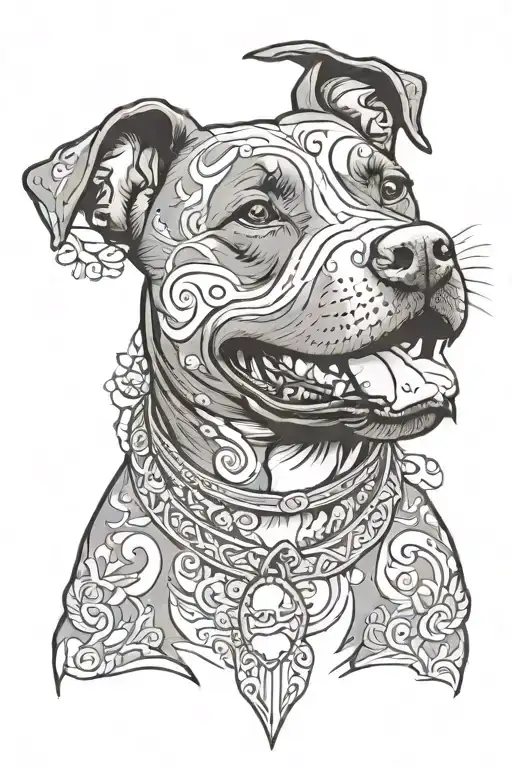 Black pit bull with ears and a white chest sits smiling tattoo design idea
