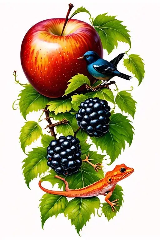 Adam's apple and blackberries intertwined with delicate vine, small gecko and black birds around it  tattoo design idea