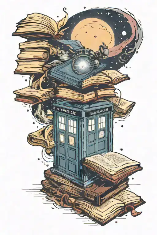 stack of books with one open at the top, small tardis flying out of the open book, background is galaxy style space.  tattoo design idea