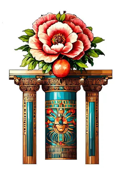 Egyptian pillar topped with huge flowers pomegranate tattoo design idea