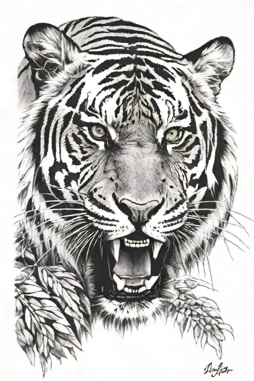 a roaring tiger emerged in Congolese fabrics in the for of bushes around the tiger face tattoo design idea