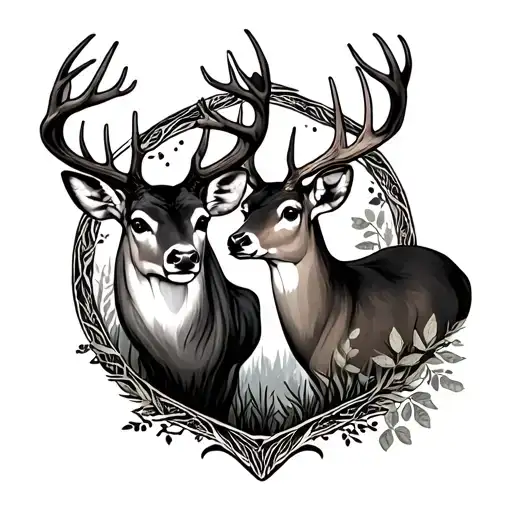 buck and doe with woodland border tattoo design idea