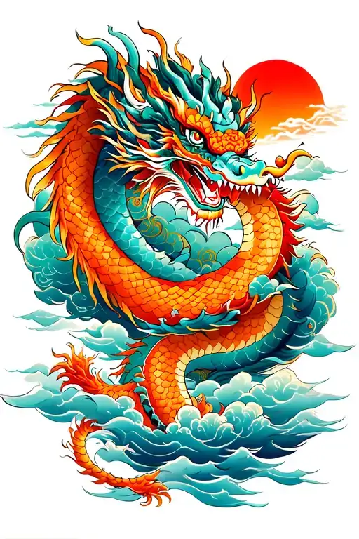 chinese dragon and clouds and sun and water tattoo design idea