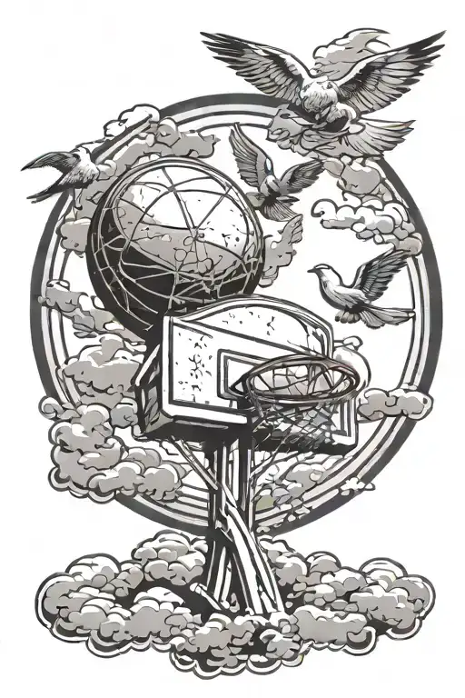 Basketball hoop J3 bible verse psalms 34:4 doves and clouds surrounding tattoo design idea