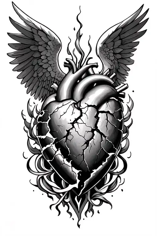 Full sleave tattoo burnin broken heart that got stitched up in the center, surrounded by an angel and a demon tattoo design idea