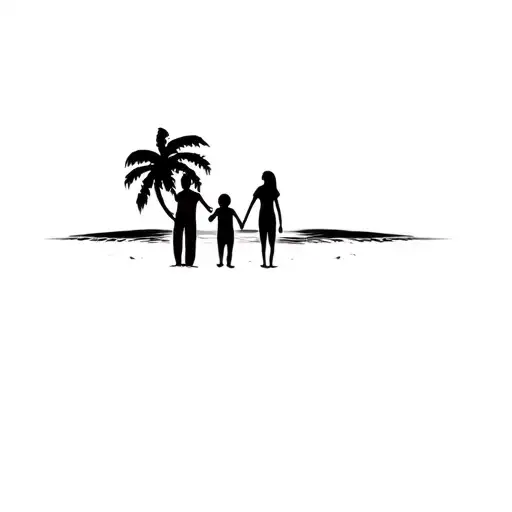 father, mother and son holding hands in the beach with sunset and coconut tree tattoo design idea