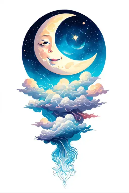 psychadelic clouds fantasy smiling moon tattoo design idea