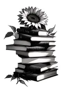 messy geometric dark themed books stacked incorporating sunflowers tattoo design idea
