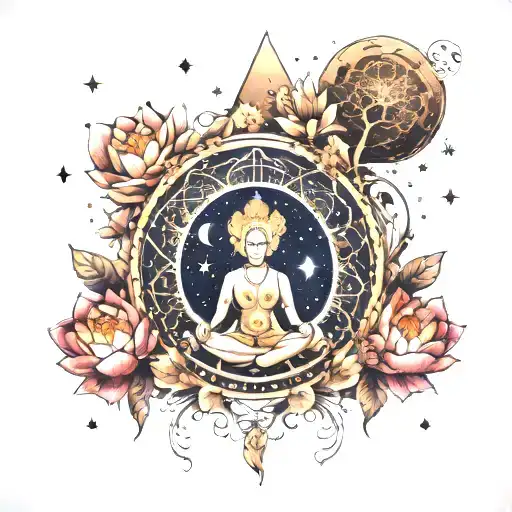 Meditation charas lotus flower tree of life surrounded by the universe with Crescent moon planets and stars half sleeve  tattoo design idea