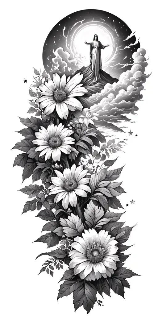 Jesus Christ's resurrection, different types of flowers, Trees, clouds of fire, nature, stars, mountains, strength tattoo design idea