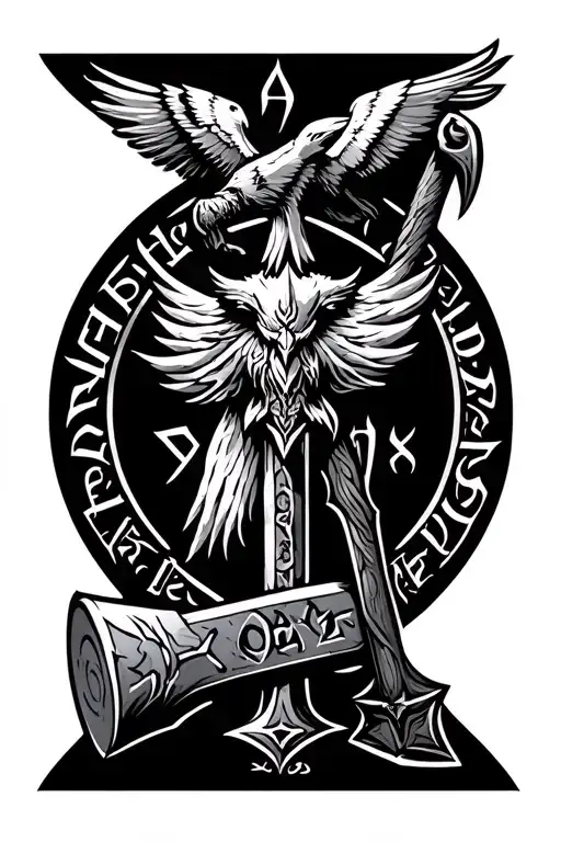Odin's name in runes with odins raven and thors hammer tattoo design idea