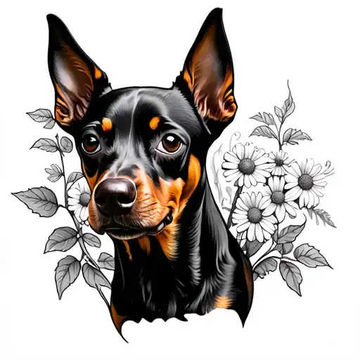 pinscher dog with ivy plant and marguerites tattoo design idea