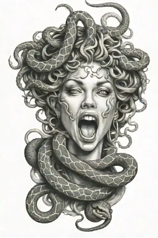 Medusa head with snake covering her mouth open tattoo design idea