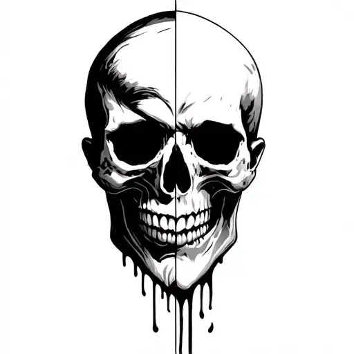 skull where half of the face is a real man's face and the other half is a skull. representing smiling through hell.  tattoo design idea