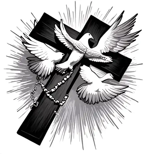 cross with rosary wrapped around with 2 doves and sun light striking behind the cross tattoo design idea