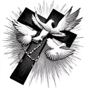 cross with rosary wrapped around with 2 doves and sun light striking behind the cross tattoo design idea