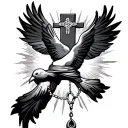 cross with rosary wrapped around with 2 doves and sun light striking behind the cross tattoo design idea