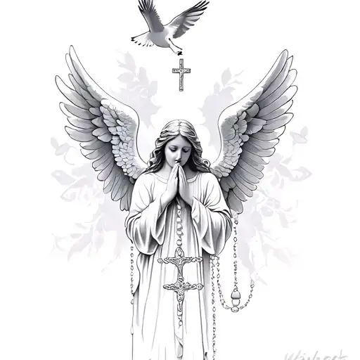Christian ANGEL PRAYING ROSARY, WITH DOVE FLYING ABOVE HER HEAD tattoo design idea