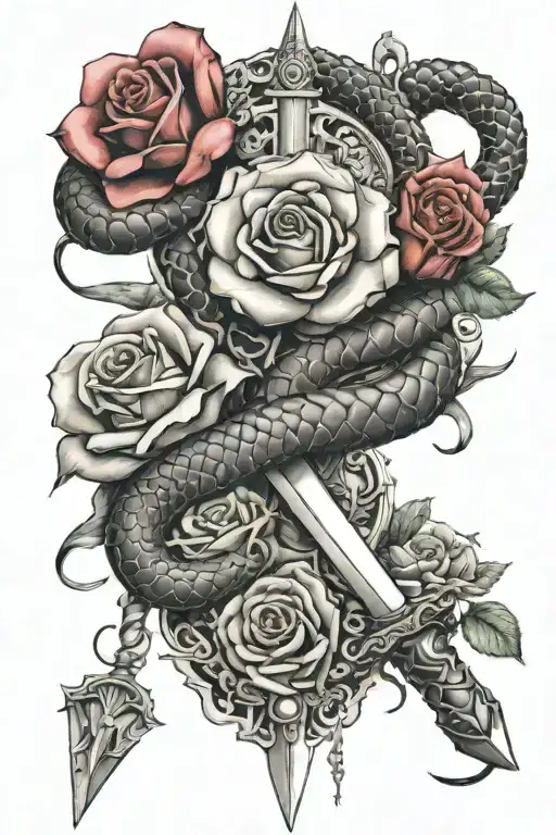 snake,sword,roses and money falling tattoo design idea