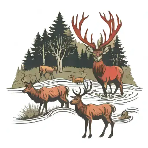 red deer with 5 child  in the forest with river tattoo design idea