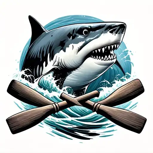 shark in front of crossed rowing oars with waves flowing tattoo design idea