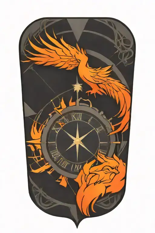 compass layered behind a clock representing the course for life over time. Overlapping is a Phoenix rising uo tattoo design idea
