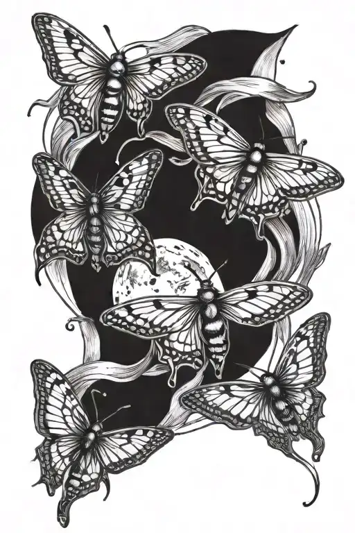 moths flying moon phases intertwined tattoo design idea