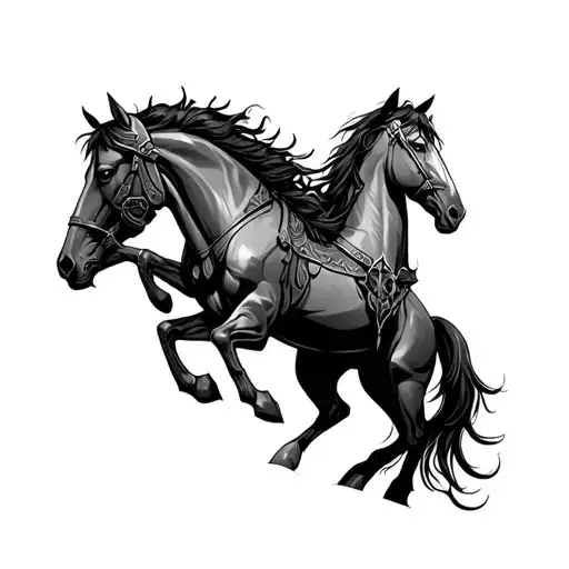 ares god of war between 2 strong horses mystic in black and grey style tattoo design idea