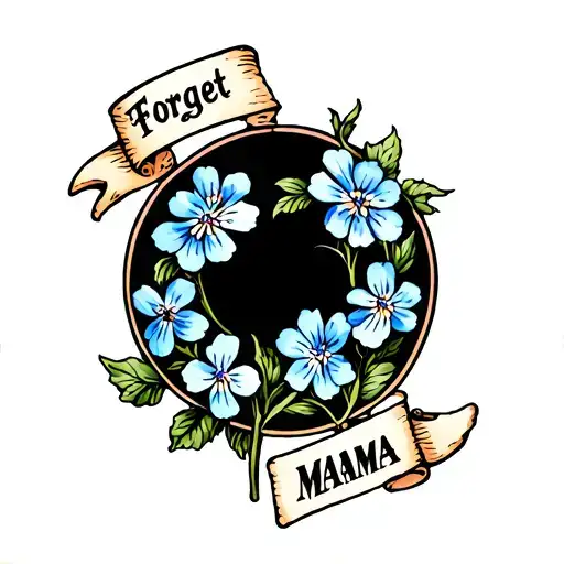 a circle wit the flower "forget-me-not" with a banner over it and the name MAMMA in it. old school style tattoo design idea