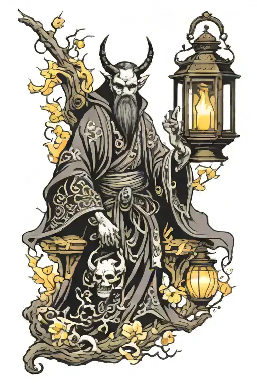 Realistic Tattoo Of A Demon In A Mantle, With A Glowing Lantern, The Hermit Tarot, Gothic Designs... Tattoo Idea tattoo design idea