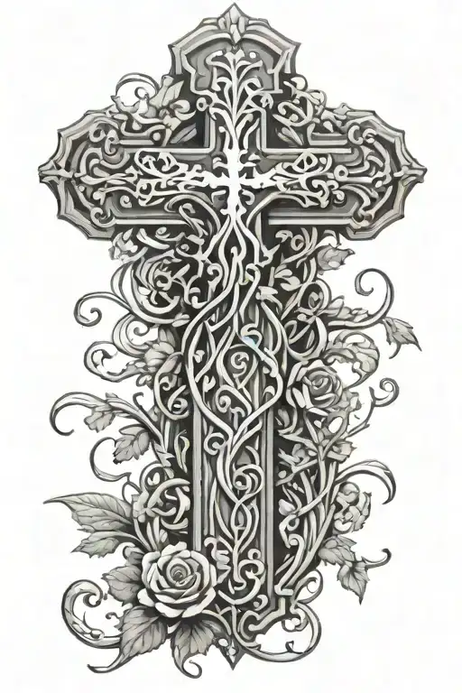 wooden cross wrapped in vines tattoo design idea