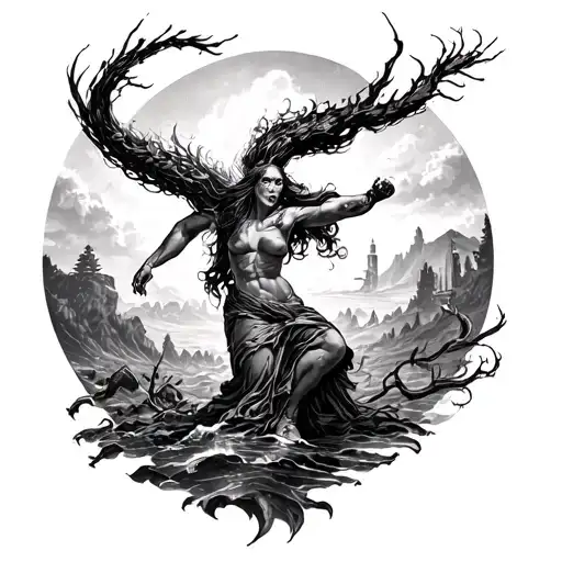 An epic battle between beautiful Mother nature fighting against modern day machery and polution.  tattoo design idea