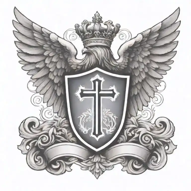 Coat of arms with wings of dove and cross and hooded prayer on top , equal tattoo design idea